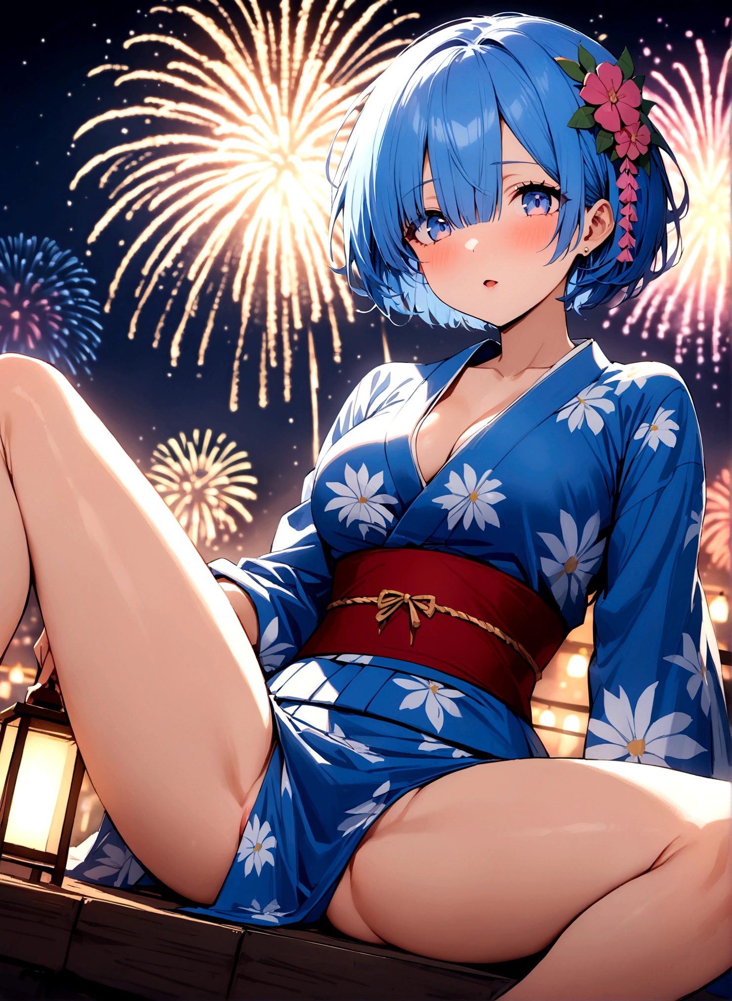 masterpiece, Highest quality, Rem,Blue Hair, One girl,Beautiful Eyes,yukata,Spread your legs,sexy,Fireworks display