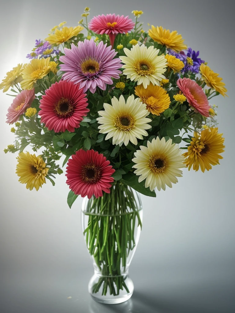 2 pictures. Close-up - vase with a bouquet of beautiful varied flowers. The bouquet takes 70% space pictures.  On the petals, dew drops shimmer in the rays of the sun. 