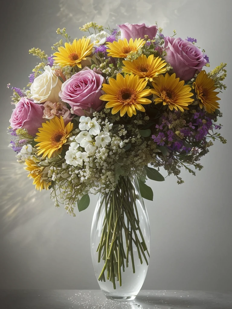 2 pictures. Close-up - vase with a bouquet of beautiful varied flowers. The bouquet takes 70% space pictures.  On the petals, dew drops shimmer in the rays of the sun. 