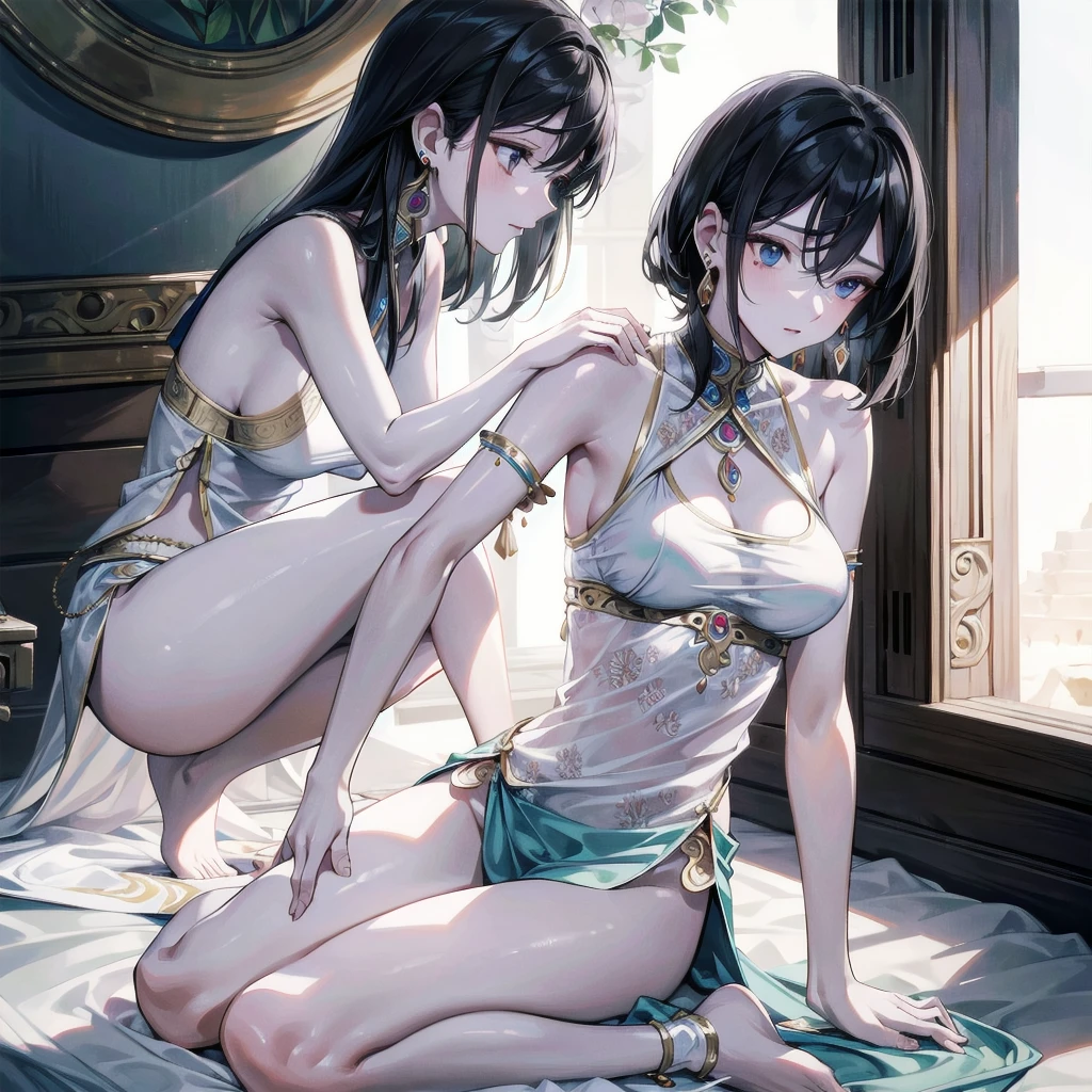 absurdres, RAW photo, extremely delicate and beautiful, masterpiece, Best Quality, ultra high resolution, 32k, hyperrealistic, ultra-detailed, delicate facial features, beautiful detailed woman, tearful mole, earring, medium breasts, full body shot, medium hair, black hair, solo, alone, Dunhuang Apsaras costume, Dunhuang style,