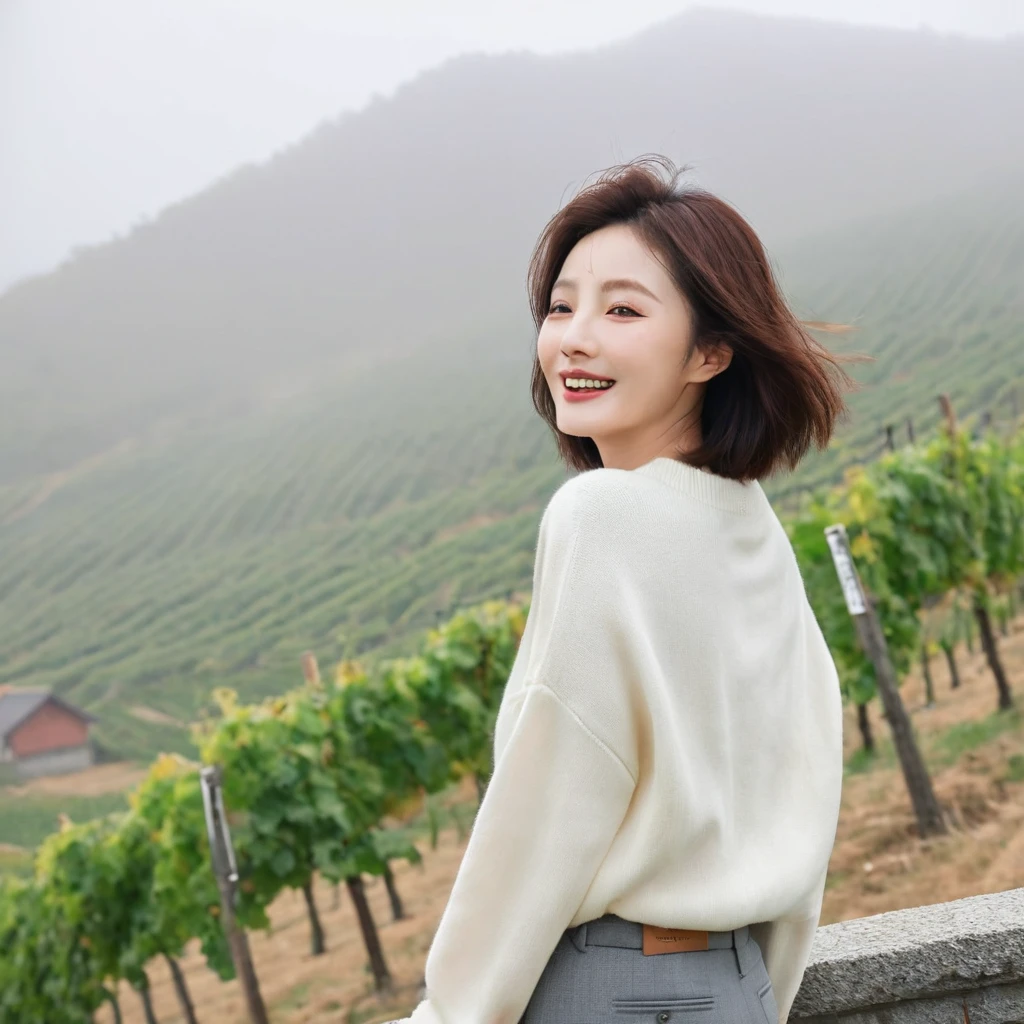 8k best picture quality, Beautiful 36-year-old Korean woman, My skin is good and my eyes are clear and pretty... clear and nice weather. Chest size 34 inches, italian countryside, past the vineyard, A cathedral can be seen in the fog in the distance.., The back background is realistic and vivid quality., Short and medium hair blowing in the wind, 고급스러운 럭셔리 니트를 입고 8k best picture quality, Beautiful 36-year-old Korean woman, My skin is good and my eyes are clear and pretty... clear and nice weather. Chest size 34 inches, italian countryside, past the vineyard, A cathedral can be seen in the fog in the distance.., The back background is realistic and vivid quality., Short and medium hair blowing in the wind, Wearing a luxurious luxury knit Light brush that covers your shoulders. casual pants, laugh. the background is clear, Short and slim Korean woman, stand far away, Photo taken with a wide-angle lens, 1 womans. casual pants, laugh. the background is clear, Short and slim Korean woman, stand far away, Photo taken with a wide-angle lens, 1 woman