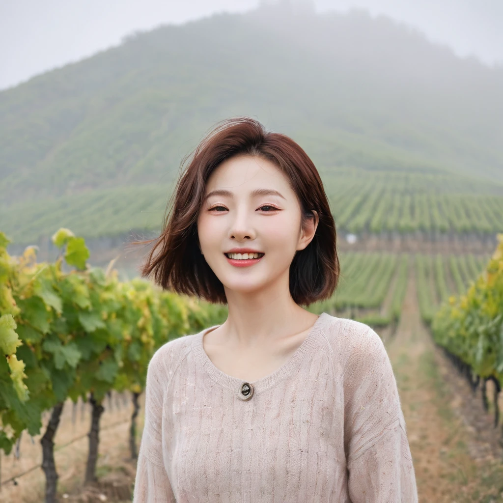 8k best picture quality, Beautiful 36-year-old Korean woman, My skin is good and my eyes are clear and pretty... clear and nice weather. Chest size 34 inches, italian countryside, past the vineyard, A cathedral can be seen in the fog in the distance.., The back background is realistic and vivid quality., Short and medium hair blowing in the wind, 고급스러운 럭셔리 니트를 입고 8k best picture quality, Beautiful 36-year-old Korean woman, My skin is good and my eyes are clear and pretty... clear and nice weather. Chest size 34 inches, italian countryside, past the vineyard, A cathedral can be seen in the fog in the distance.., The back background is realistic and vivid quality., Short and medium hair blowing in the wind, Wearing a luxurious luxury knit Light brush that covers your shoulders. casual pants, laugh. the background is clear, Short and slim Korean woman, stand far away, Photo taken with a wide-angle lens, 1 womans. casual pants, laugh. the background is clear, Short and slim Korean woman, stand far away, Photo taken with a wide-angle lens, 1 woman