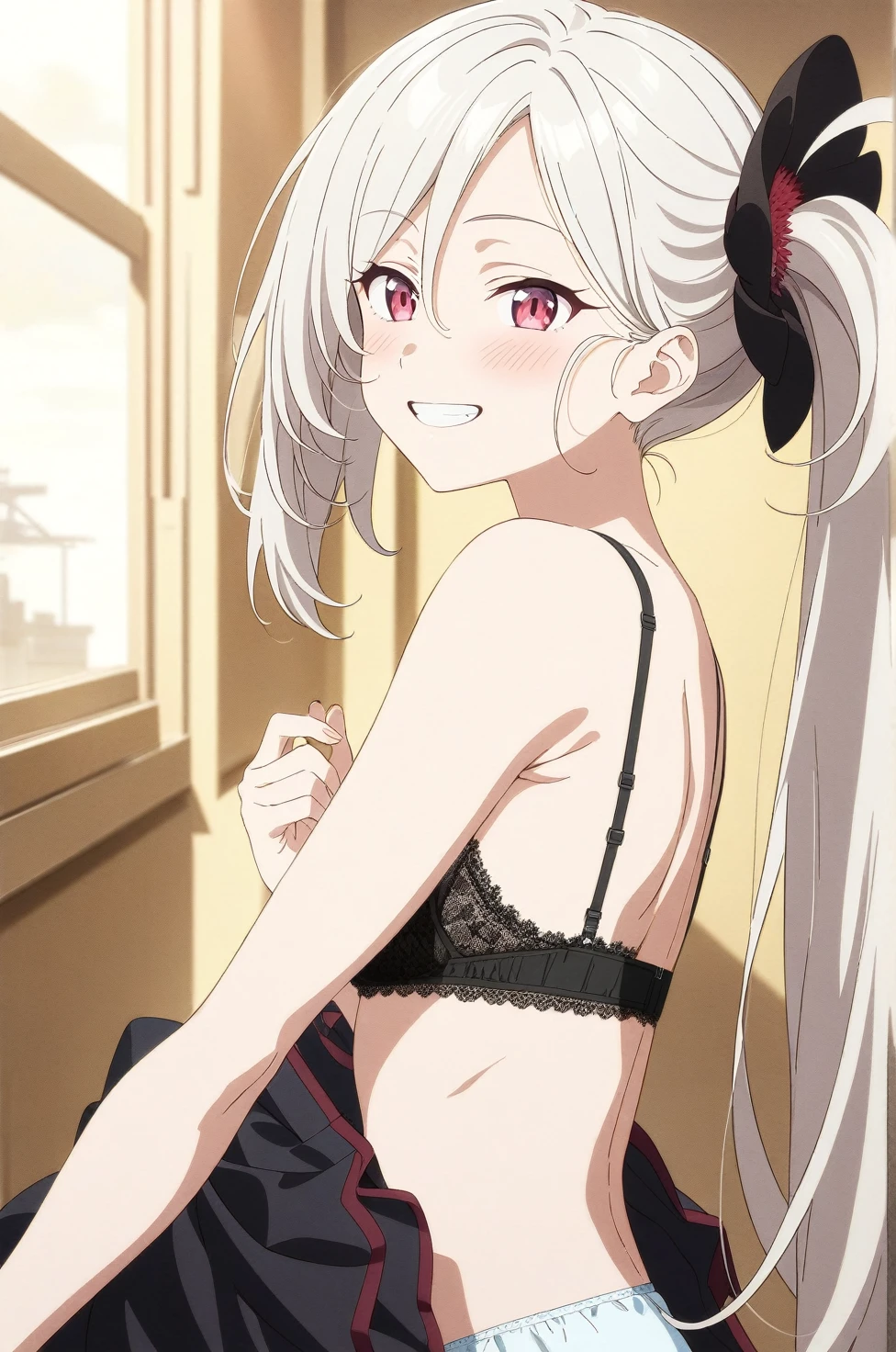 best quality, amazing quality, very aesthetic, absurdres, (1girl, mutsuki, blue archive, solo, red eyes, white hair, side ponytail), (realistic face:0.9),(lace-trimmed bra:1.8),dress lift, (grin, blush, thigh:1.3), (cowboy shot), (glistening eyes), (from side:2), (official art:1.3), (panties around one leg), expressive eyes, perfect face, extremely detailed eyes, perfect anatomy, smooth skin, (anime background:1.5), clear eyes, beautiful face, small breasts,(anime style:1.7), (Warm Light:1.5), (highres:2),