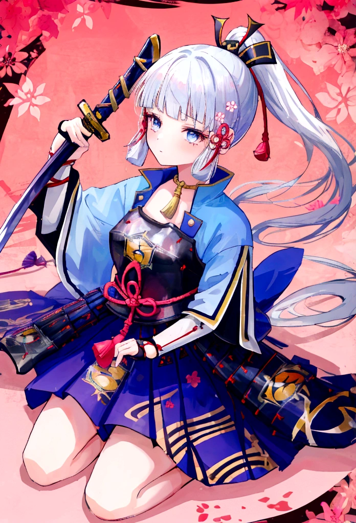 1 Girl,ponytail,warrior mask,warrior,Holding a sword,anger,angerの目,Perfect Eyes,Cherry Blossom,Celestial Illumination,Japanese Background,Better Quality,High resolution