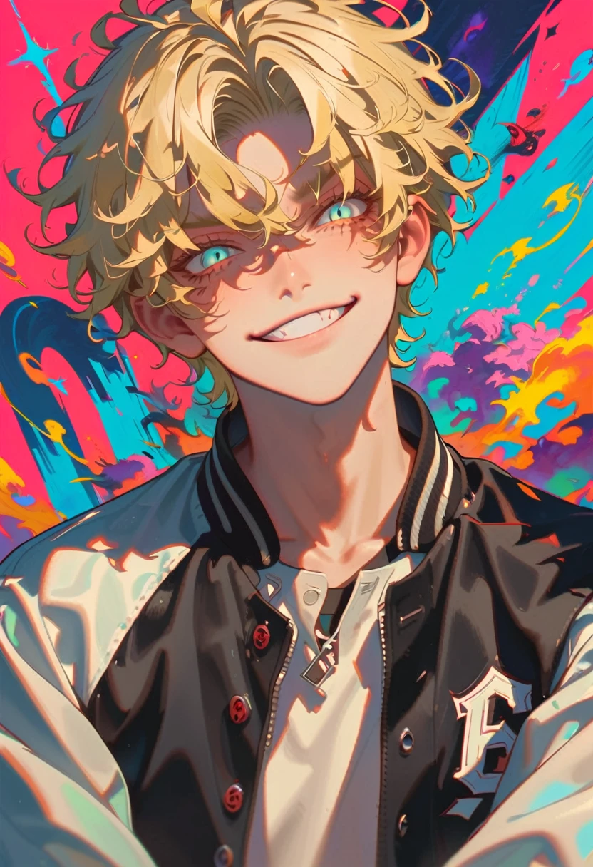 style9, 1boy, blonde hair, varsity jacket, cynical smile,