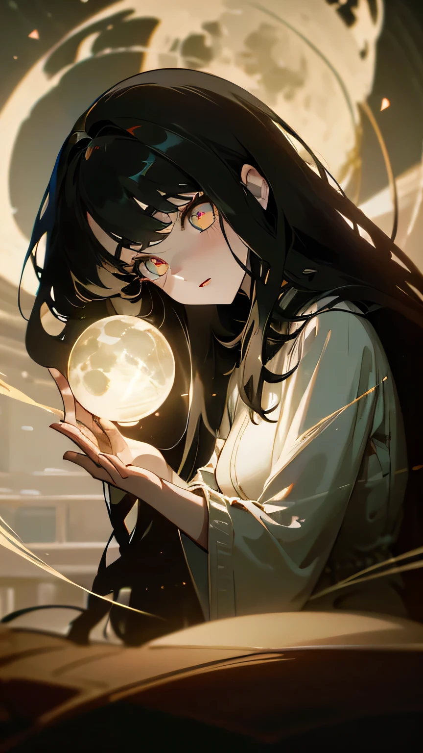 ultrahigh resolution, Girl, sitting, (long black hair), pale skin,glowing_eyes, orbs filled with swirling darkness, (((ultra detailed face, detailed eyes:0.8))), ((front view)), (medium shot), ((night, darkness, full moon illuminating face:0.9)), medium bust, crossed legs, holding a crystal ball, luminous aura, beautiful lighting, indoors, room with candles and shadows,28 years old, (slightly tilted head), (serene), (fascinating)