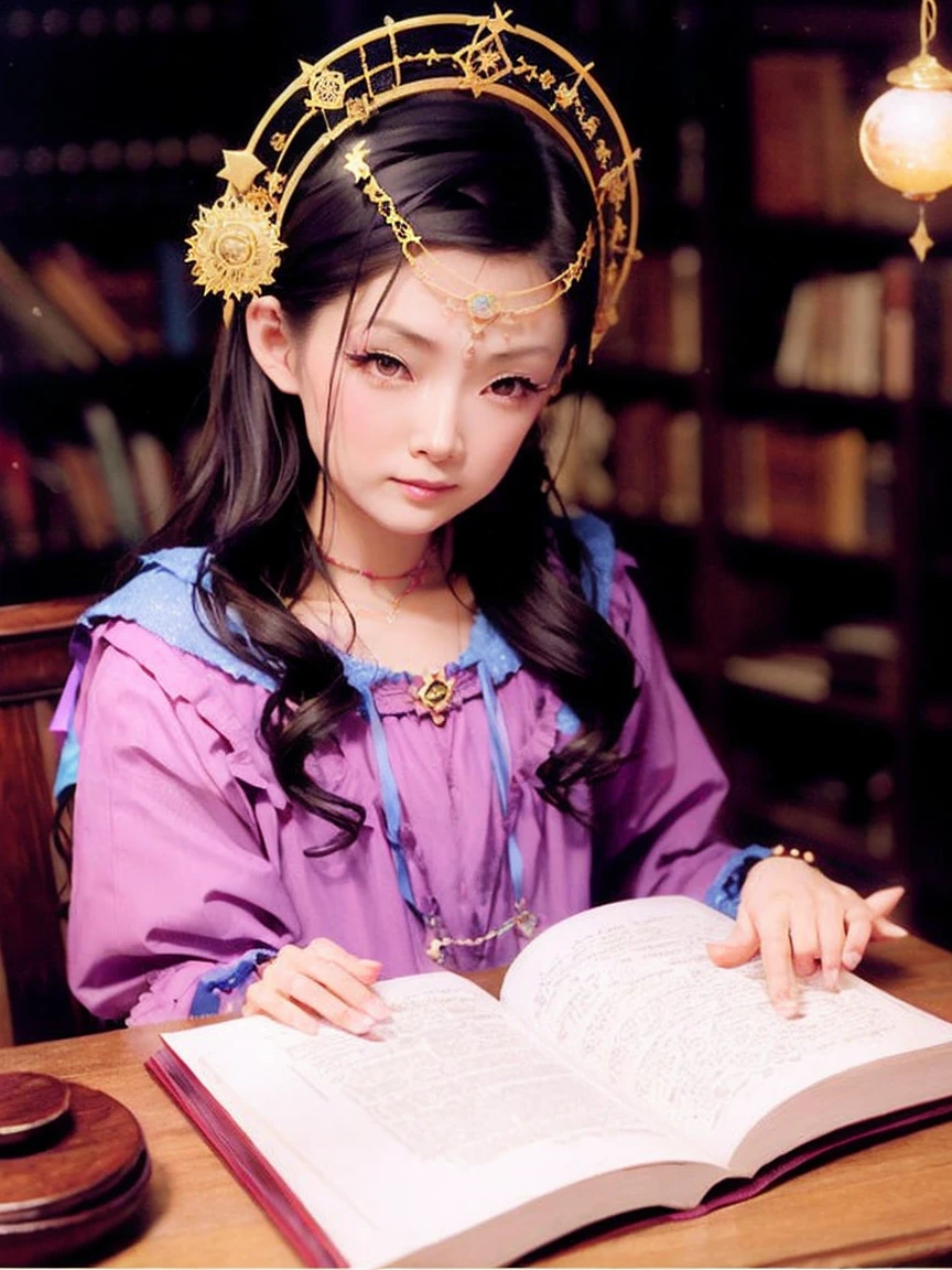 1 Girl, solo, (astrologer), (Circlet), magic, Old Scroll,
mysterious, Fantasy, grace, Calm, Silence, intellectual, ancient, Beyond time and space, dream, aura,
Dark eyeshadow, Star shaped glitter, Sparkling Highlights, Rich Lip Color, Smokey Eye, mysteriousなアイライナー,
Ancient Library, Dimly lit room, The lighting is candles,
astrologerがOld Scrollを読み解いている,
Shiny Ink, A faint light from the darkness, Constellations emerging from the book