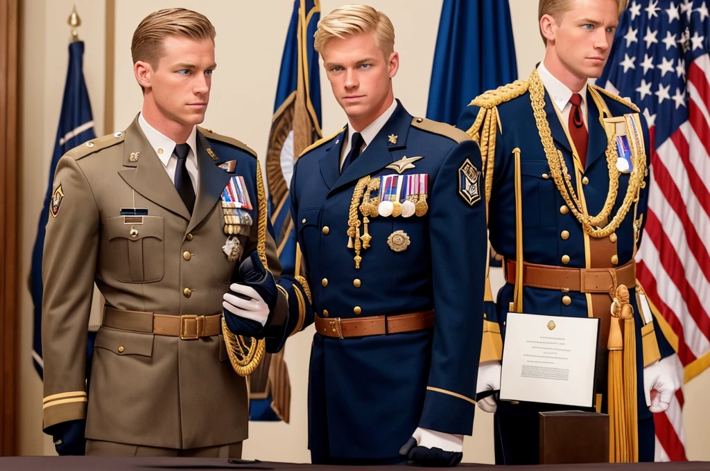A handsome blond guy, , looks at the ceremonial officer's uniform of a "Navy Seal" with awards, which hangs on a suit hanger standing on the floor, and engages in masturbation. Watching him from behind is a naked, blond, muscular Navy SEAL officer, 35 years old, handsome and arrogant. The officer has a big dick, an erection, and a boner.