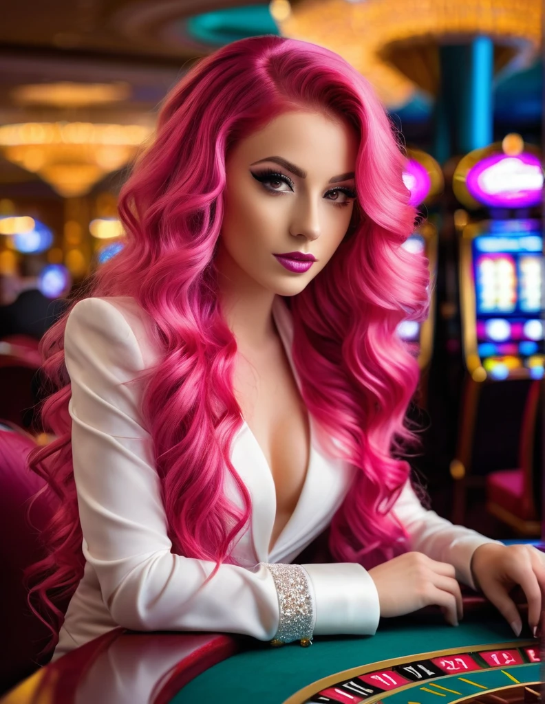 very attractive 25 year old girl with long wavy bright pink hair,  ((best quality)), ((masterpiece)), (detailed), glammed up at the casino table, renatadaninsky