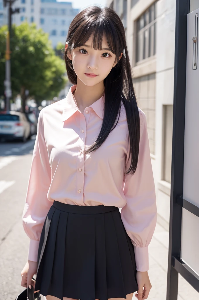 Light pink blouse,Flared mini skirt,,high school girl,Black Hair,bangs,Straight Hair,ponytail,Dark Eyes,Small Face,Young face,Clean eyes,Small Mouth,slender,Young face,,A Cup,In town,live-action,Realistic photos,8K,Smile,Ultra HD,Standing posture,whole body,Pure girl