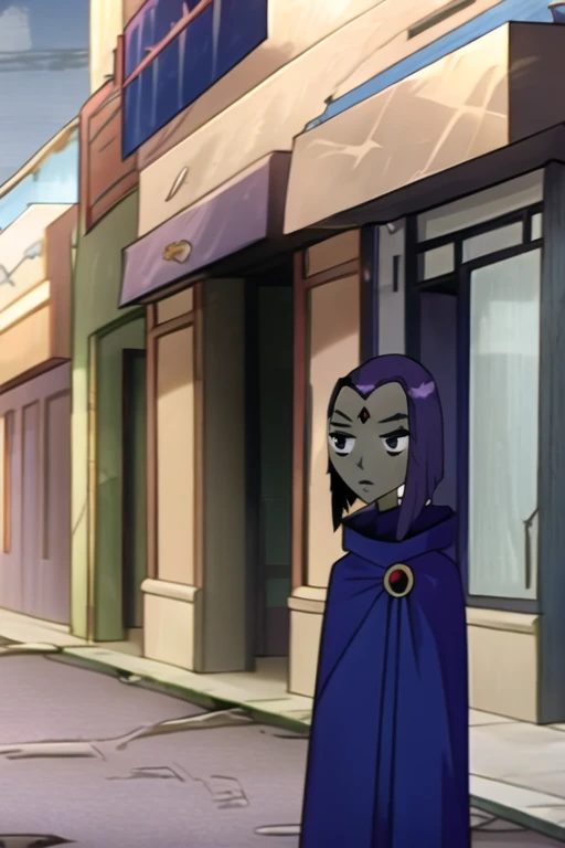 raven, 1girl, solo, purple eyes, purple hair, short hair, colored skin, forehead jewel, blue cape, blue cloak, best quality, masterpiece 