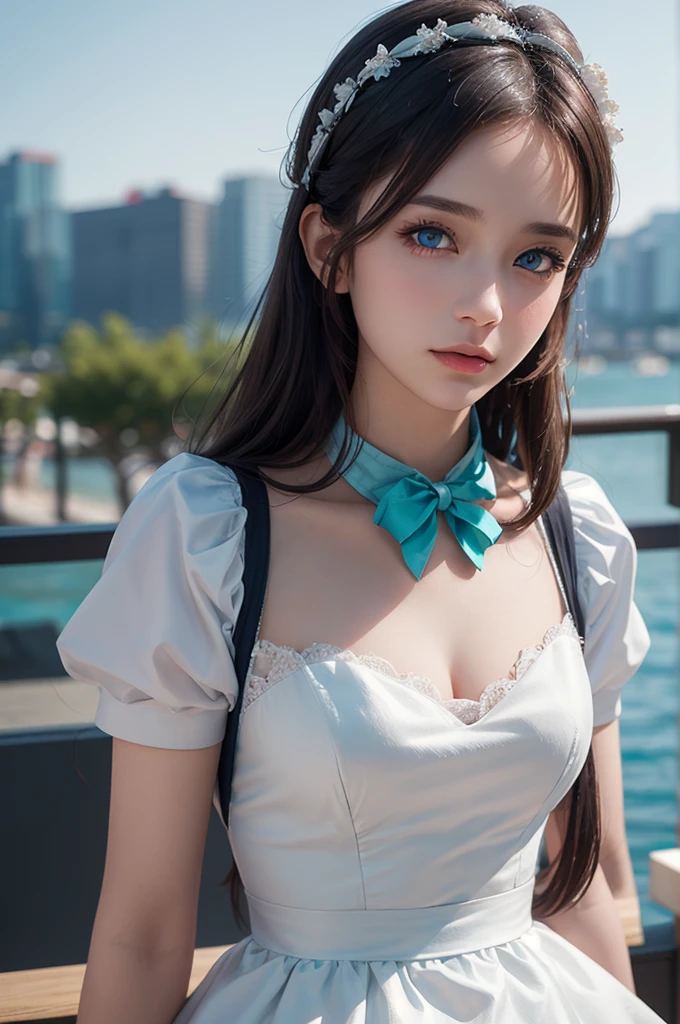 Realistic, (4K), (Upper Body), Depth of written boundary, (masterpiece), (Realistic skin texture), Very detailed, Complex, Very detailed, Professional photography, Bokeh, High resolution, Sharp details, Highest quality, girl, Hair Aqua, Medium Hair, blue eyes, Aqua Maid Dress, Maid&#39;s Headdress, Frills, apron, Are standing,Showing genitals、(((nsfw)))