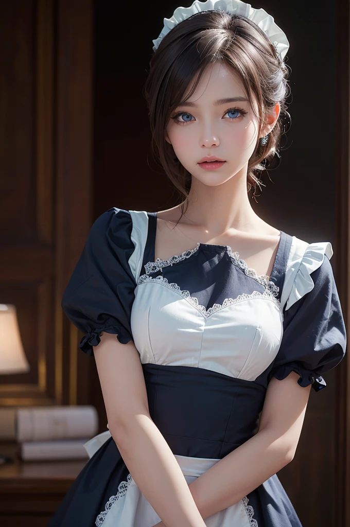 Realistic, (4K), (Upper Body), Depth of written boundary, (masterpiece), (Realistic skin texture), Very detailed, Complex, Very detailed, Professional photography, Bokeh, High resolution, Sharp details, Highest quality, girl, Hair Aqua, Medium Hair, blue eyes, Aqua Maid Dress, Maid&#39;s Headdress, Frills, apron, Are standing,Showing genitals、(((nsfw)))