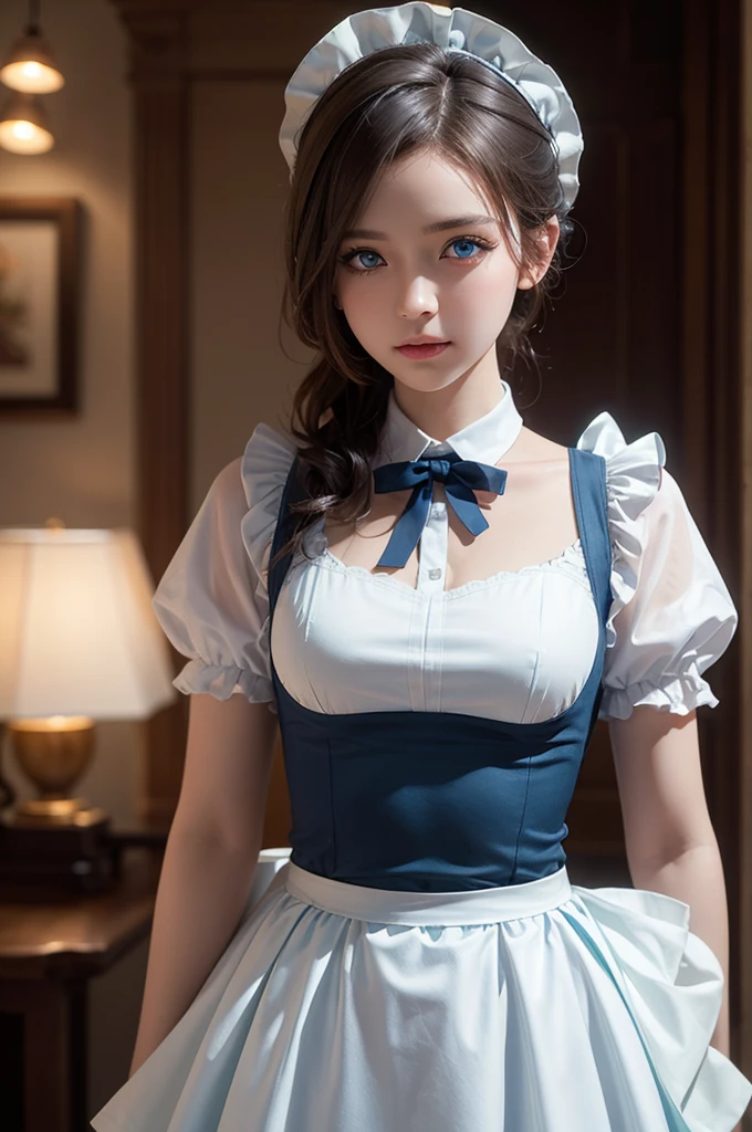 Realistic, (4K), (Upper Body), Depth of written boundary, (masterpiece), (Realistic skin texture), Very detailed, Complex, Very detailed, Professional photography, Bokeh, High resolution, Sharp details, Highest quality, girl, Hair Aqua, Medium Hair, blue eyes, Aqua Maid Dress, Maid&#39;s Headdress, Frills, apron, Are standing,Showing genitals、(((nsfw)))