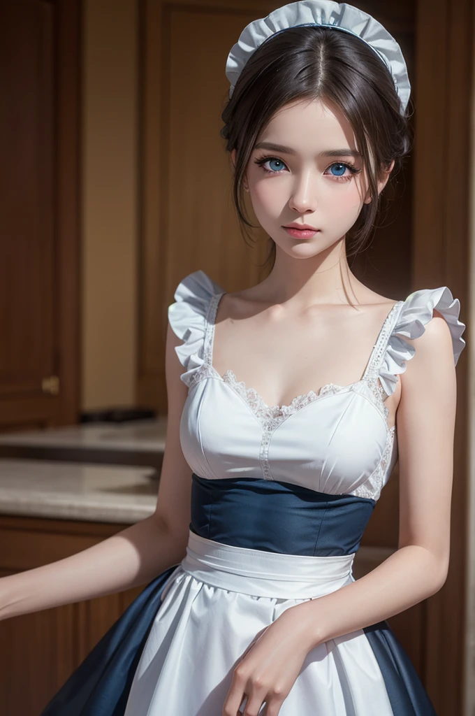 Realistic, (4K), (Upper Body), Depth of written boundary, (masterpiece), (Realistic skin texture), Very detailed, Complex, Very detailed, Professional photography, Bokeh, High resolution, Sharp details, Highest quality, girl, Hair Aqua, Medium Hair, blue eyes, Aqua Maid Dress, Maid&#39;s Headdress, Frills, apron, Are standing,Showing genitals、(((nsfw)))