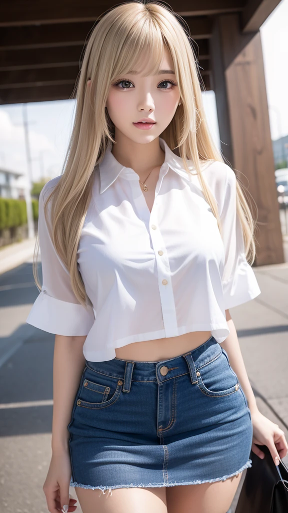 Sexy big ,15 year old beautiful girl is sexy＆looks cute & Cute beautiful sexy face, A strong wind blows my hair in front of my face,Beautiful super long metallic blonde straight hair、Long Bangs、Beautiful, cute and sexy eyes、Belly button shirt、Very short mini skirt、I can see a little bit of my pants.