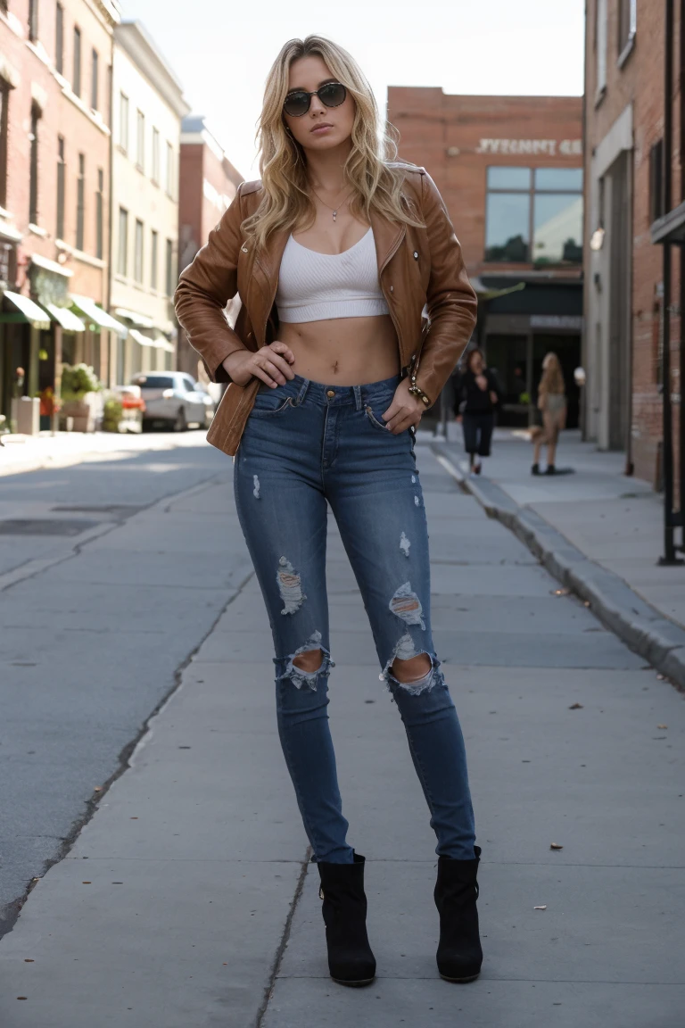 photorealistic、Live-action version、riders jacket、distressed denim、laminate pants、long legs、boot、accessories、blonde hair、light brown hair、sunglasses、brick building、Warehouse district、hall々walk with、lined up、woman with bad attitude、group、high teen delinquent, medium breasts