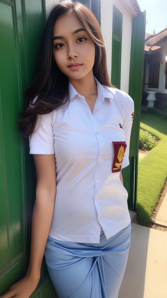 1girl, (Indonesian_high_school_uniform), standing, outdoors, clear light, detailed face, detailed eyes, huge breasts, shiny skin, indonesian face, looking at the audience,(8k, RAW photo, best quality, masterpiece: 1.17), (realistic, realistic: 1.21), ultra-high resolution