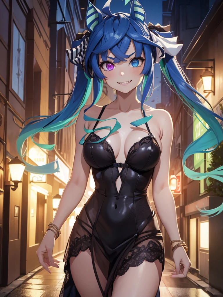 (Masterpiece, best quality, high res、highly detailed cg: 1), A scene titled "The Temptation of the Slut" depicts a woman of the night standing in a dimly lit alley. She wears a revealing dress, her posture is seductive, and her eyes are locked onto a potential customer passing by. The background is filled with the shadowy outlines of a bustling city nightlife, creating an atmosphere of illicit allure. Twin_Turbo_Umamusume, aqua hair, twintails, heterochromia, purple eyes, blue eyes, sharp teeth, flat chest, (hores tails, grin), nsfw, "For 50, I'll be your lover for one night."