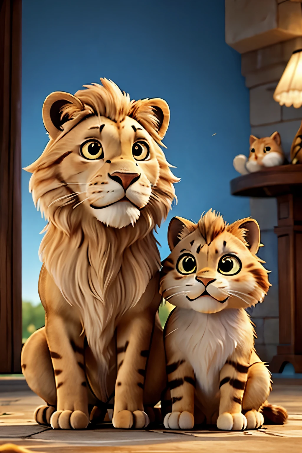 A lion and cat looking each other lovely