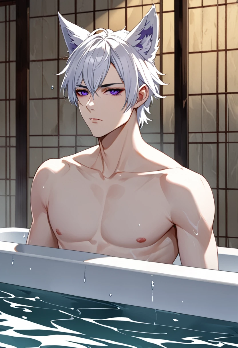 create panel in the art style of mo dao zu shi hybrid character with wolf ears,masculine and dominant gender, short wolfcut white hair , purple raven iris eyes,pale skin, inside a large public bathtub with naked water, bored expression and slim defined body.