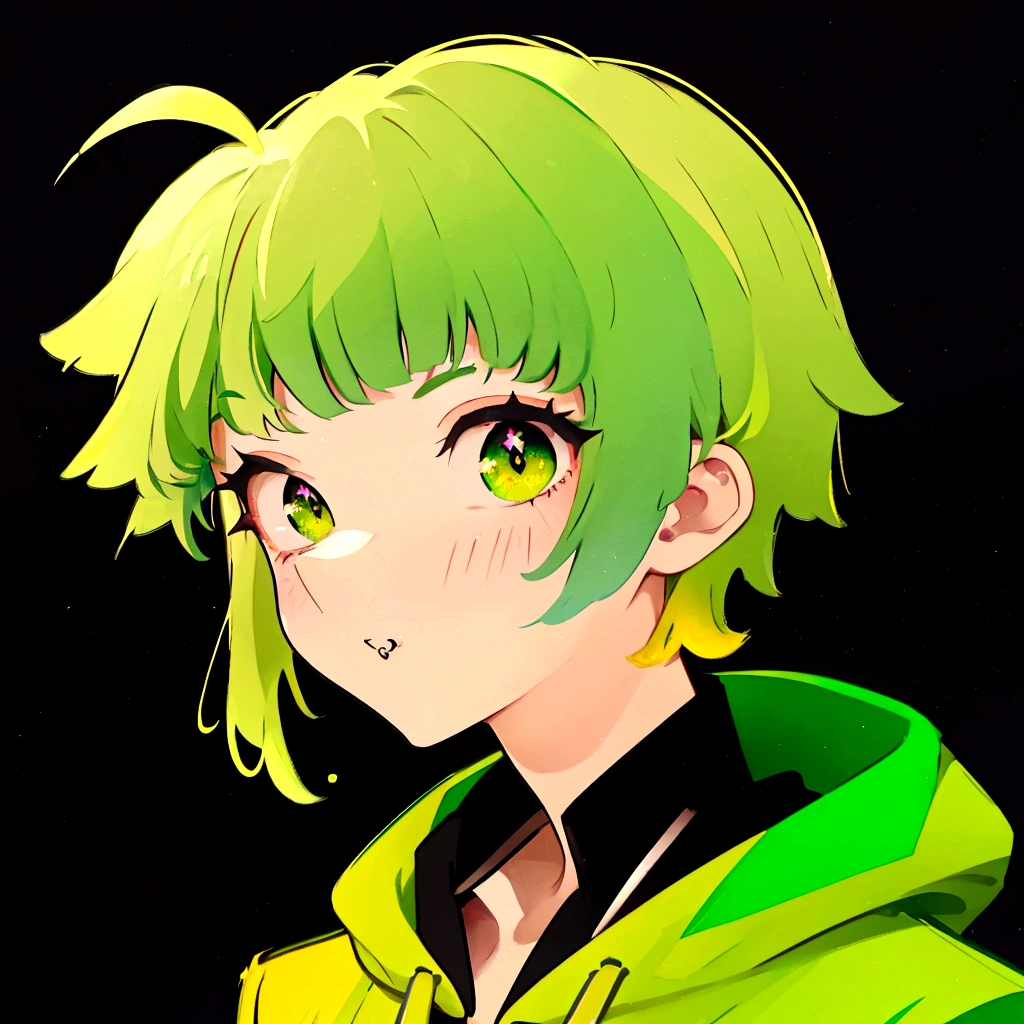 Green hair, golden left eye, golden right eye, black pupils, wearing a green hoodie, black shirt, good lighting, good color, gradient, good shading, good cute rendering