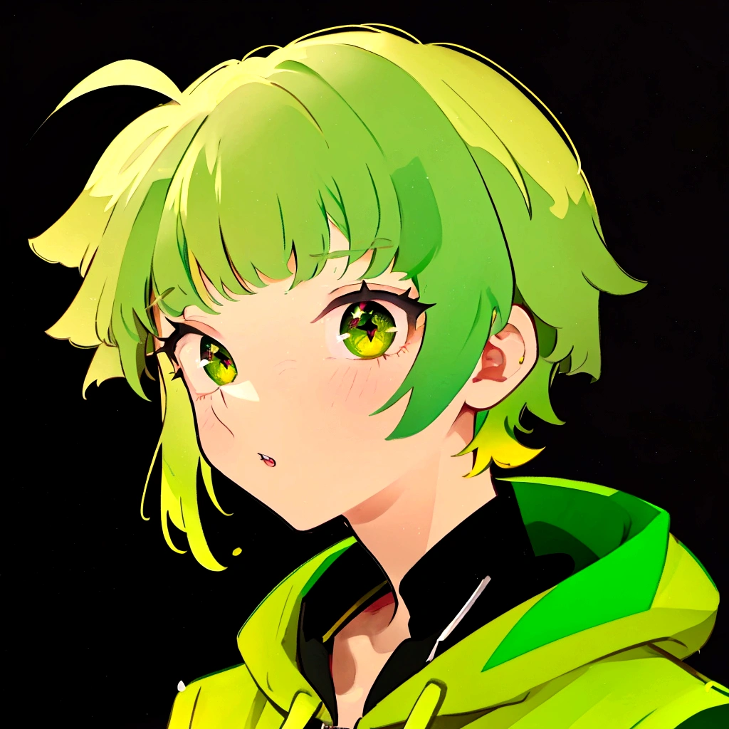 Green hair, golden left eye, golden right eye, black pupils, wearing a green hoodie, black shirt, good lighting, good color, gradient, good shading, good cute rendering