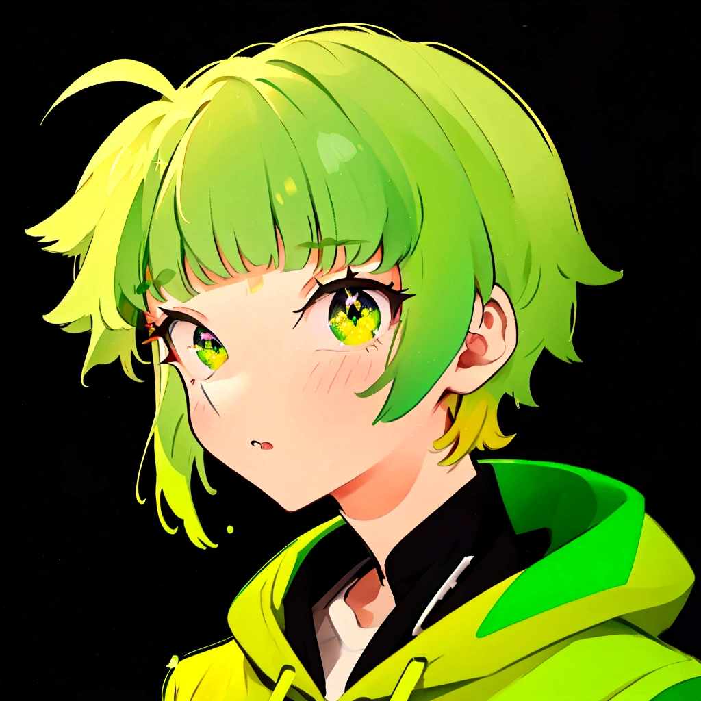 Green hair, golden left eye, golden right eye, black pupils, wearing a green hoodie, black shirt, good lighting, good color, gradient, good shading, good cute rendering