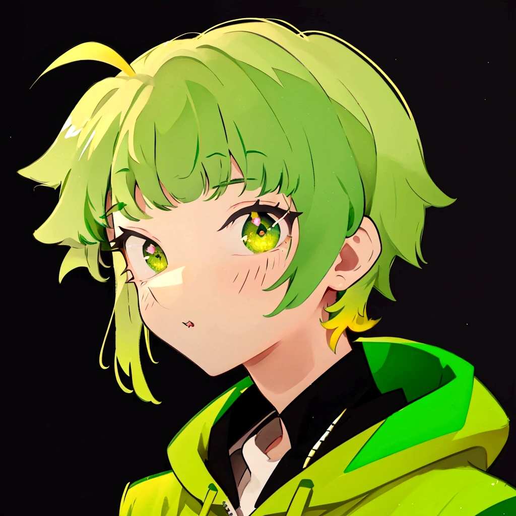 Green hair, golden left eye, golden right eye, black pupils, wearing a green hoodie, black shirt, good lighting, good color, gradient, good shading, good cute rendering