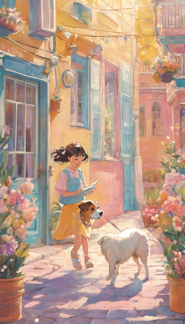 best quality, very good, 16,000, incredibly absurd, very detailed, 2.5D, Delicate and dynamic description, dog, cat and girl playing together, Illustration style like a cute picture book, Pastel tones and vivid color effects
