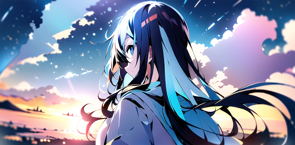 masterpiece, best quality, (extremely detailed:1.2), chromatic aberration abuse, pastel color, Depth of field, field,
AND masterpiece, high quality, fantasy, field,
AND masterpiece, high quality, space, blue lights,
AND masterpiece, high quality, 1girl, solo, long hair, brown hair, cape, from behind, floating hair,
AND masterpiece, high quality, sky cloud, sunrise, lens flare, purple light, blue sky, day,