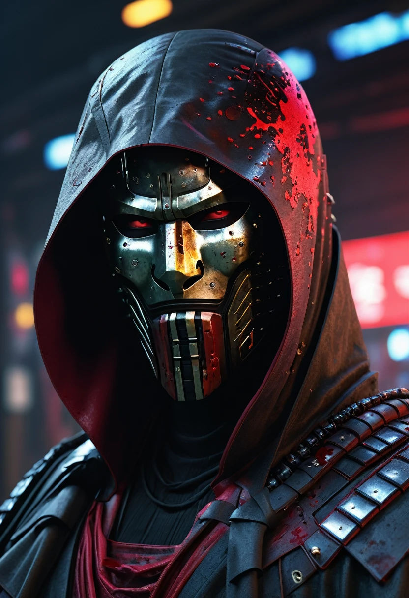 Cyberpunk Samurai in sh4g0d style,(Cloak Mask:1.2),(力strongダイナミックな姿勢:1.5),(Finding:1.3),(Blood splattered),strong,The face is resolute, 8K, Super detailed, Accurate, Highest quality