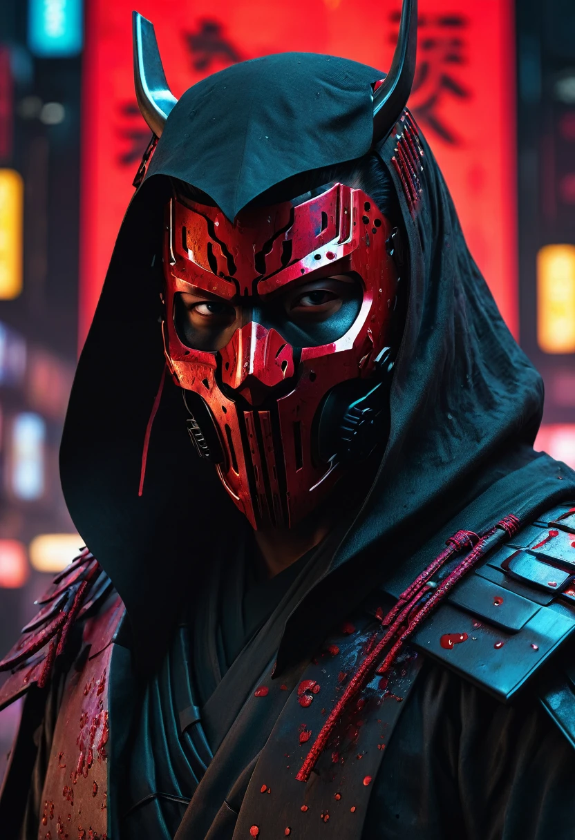 Cyberpunk Samurai in sh4g0d style,(Cloak Mask:1.2),(力strongダイナミックな姿勢:1.5),(Finding:1.3),(Blood splattered),strong,The face is resolute, 8K, Super detailed, Accurate, Highest quality