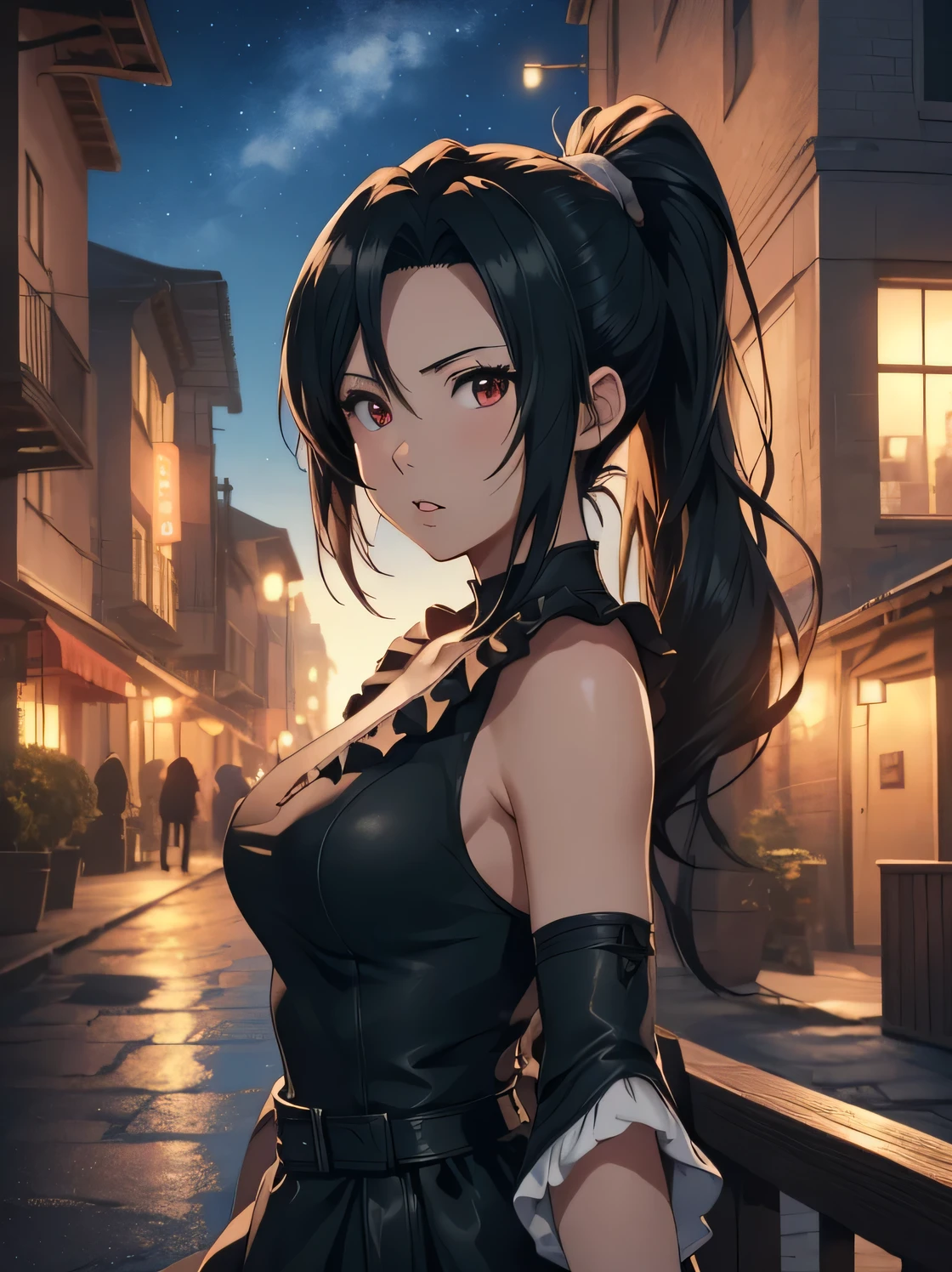 anime, (highly detailed background:1.2), (highly detailed background:1.2), Final Fantasy VII Remake, (red eyes), 1 girl, bare shoulders, aqua dress, black hair, black dress, No sleeve dress , sundress, Home, long hair, night, night null, open your mouth, outdoors, ponytail, sitting, null, No sleeve, No sleeve dress, star (null), starry null, town, old, round breasts, ((white ruffles)), (black dress),
