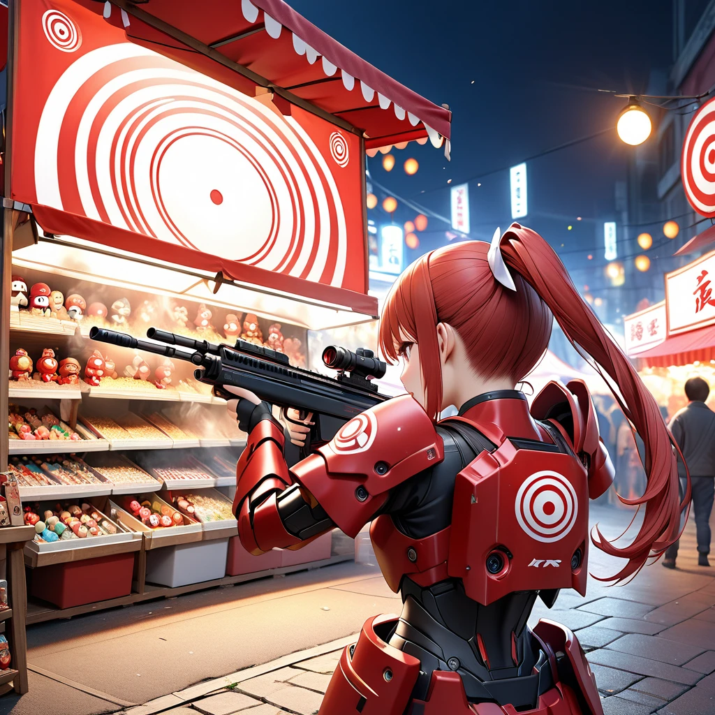 1girl in robot armor, red twin-tails, red and white barrette, red and white body armor, stylish, aiming laser rifle at target in night market, cute and comical depiction, night market stall owner in panic, fallen over target and kokeshi dolls, laser firing effect, summer festival background, humorous, A back shot of him aiming at the target.(best quality,4k,8k,highres,masterpiece:1.2),ultra-detailed,(realistic,photorealistic,photo-realistic:1.37),HDR,UHD,studio lighting,ultra-fine painting,sharp focus,physically-based rendering,extreme detail description,professional,vivid colors,bokeh,CG illustration