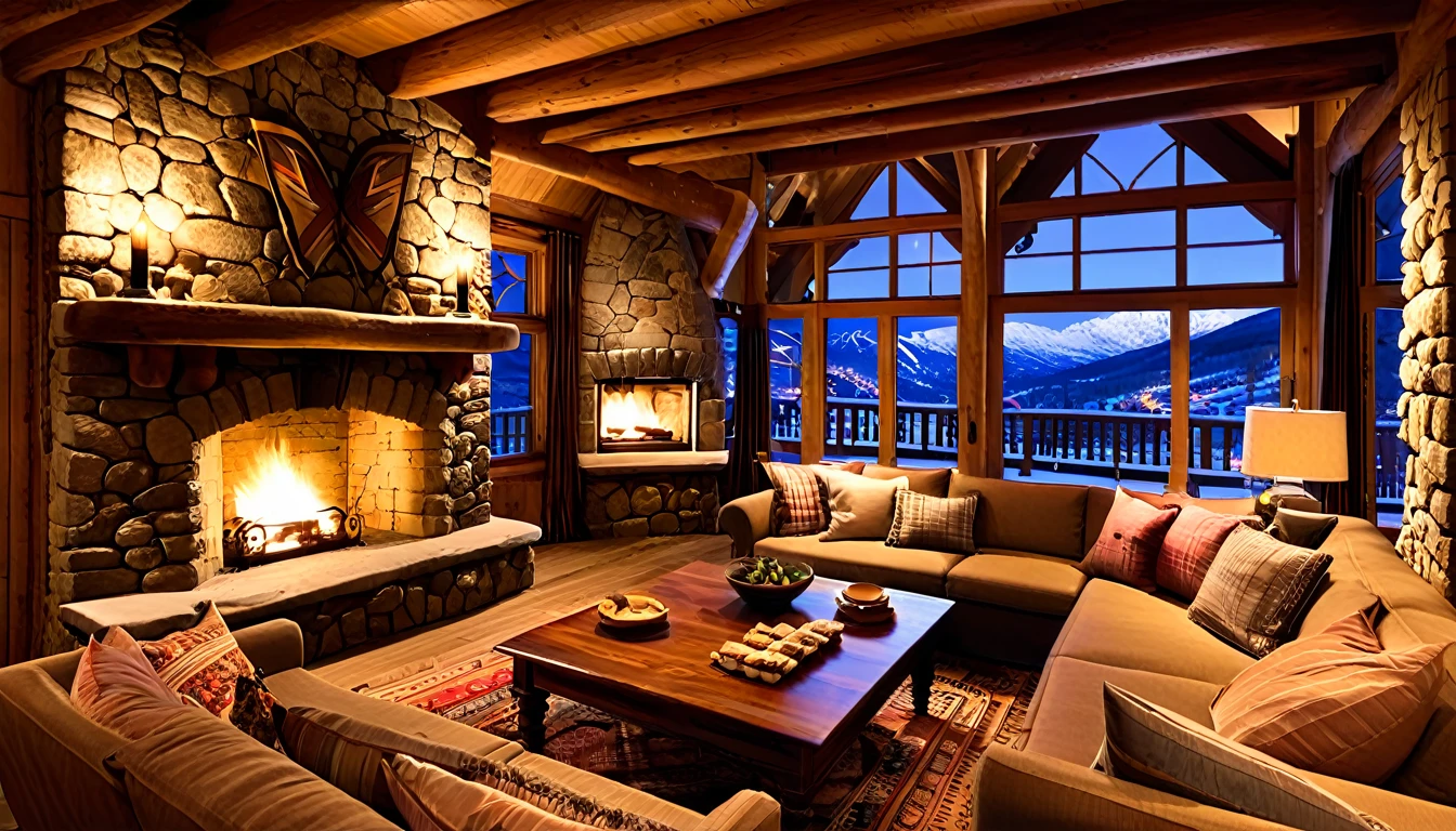 Create an image of a cozy, rustic interior with a roaring fireplace, plush seating, and large windows offering a stunning view of a snowy mountain village at night. The room should have wooden beams, stone accents around the fireplace, and be filled with warm lighting to contrast the cold, twinkling lights outside. Include details such as stacked firewood, decorative pillows, and a patterned rug to enhance the homely atmosphere.