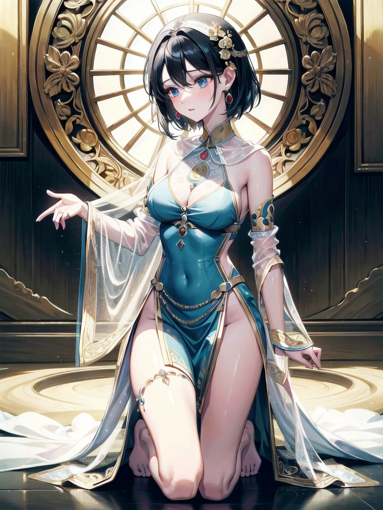 absurdres, RAW photo, extremely delicate and beautiful, masterpiece, Best Quality, ultra high resolution, 32k, hyperrealistic, ultra-detailed, delicate facial features, beautiful detailed woman, tearful mole, earring, medium breasts, full body shot, medium hair, black hair, solo, alone, Dunhuang Apsaras costume, Dunhuang style,