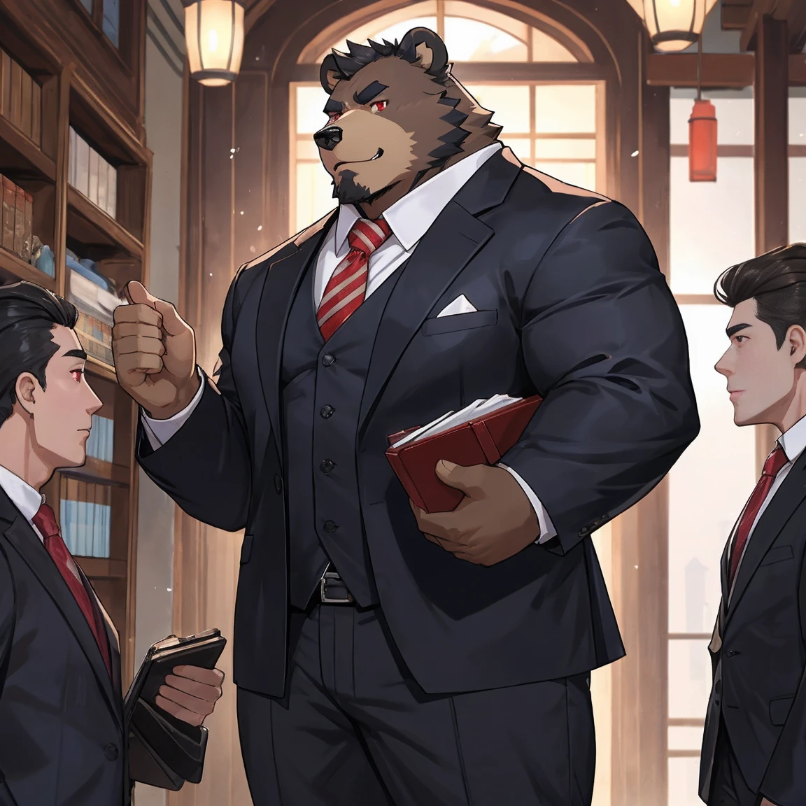 黑Bear兽人，entrepreneur，Appearance of the listed group boss（Including appearance and figure）：Bear，height 188cm，Weight 160 kg，Thick black hair，Red eyes，Strong physique，Full of male hormones。He usually wears a suit and tie.，Wearing a tie，Carrying a briefcase，Showing a kind of upper-class human dress。But deep down，He likes to keep his orcish nature.，Enjoy the original and instinctive。