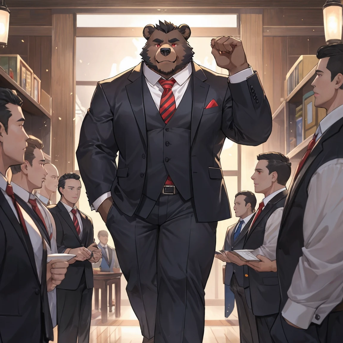 黑Bear兽人，entrepreneur，Appearance of the listed group boss（Including appearance and figure）：Bear，height 188cm，Weight 160 kg，Thick black hair，Red eyes，Strong physique，Full of male hormones。He usually wears a suit and tie.，Wearing a tie，Carrying a briefcase，Showing a kind of upper-class human dress。But deep down，He likes to keep his orcish nature.，Enjoy the original and instinctive。