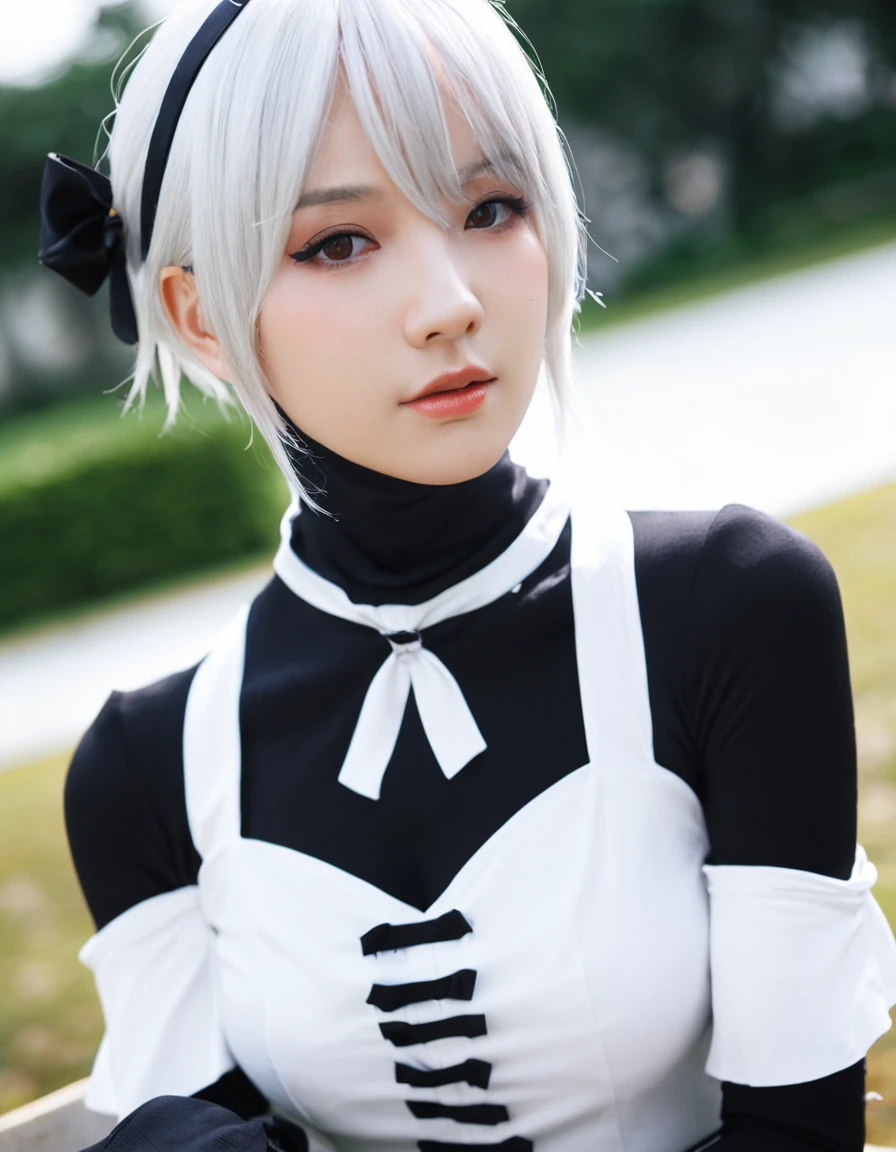 real photo、near:Beautiful cosplay of 2b from Automata、2b、A woman cosplaying as 2b、White skin、tall、Cool style、big bust、small face、high nose、piercer、beautiful face、beautiful face、20 years old、british women、half british、near:2b&#39;Automata&#39;s Black Costume、realistic background、bright background、realistic background、fancyな都市を背景に、kiss the viewer、ultra high resolution、Taken from a diagonal angle、masterpiece、best quality、Very high resolution、cosplayer photo、Realistic Photo、fancy、Glaring at the audience、angry expression、cosplay makeup style、real cosplay photos、Cool, beautiful, realistic photos、Very realistic realistic light、light tracking, ray tracing , 8K, HDR, 