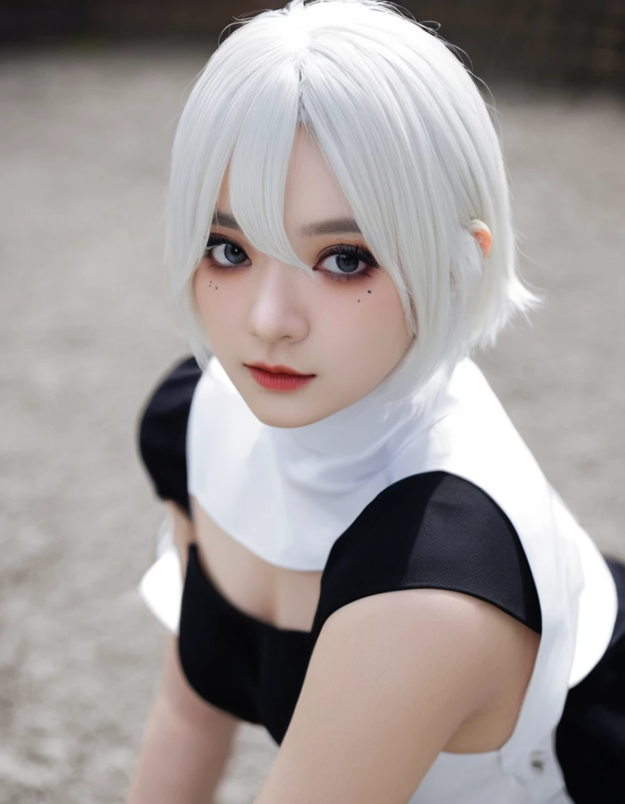 real photo、near:Beautiful cosplay of 2b from Automata、2b、A woman cosplaying as 2b、White skin、tall、Cool style、big bust、small face、high nose、piercer、beautiful face、beautiful face、20 years old、british women、half british、near:2b&#39;Automata&#39;s Black Costume、realistic background、bright background、realistic background、fancyな都市を背景に、kiss the viewer、ultra high resolution、Taken from a diagonal angle、masterpiece、best quality、Very high resolution、cosplayer photo、Realistic Photo、fancy、Glaring at the audience、angry expression、cosplay makeup style、real cosplay photos、Cool, beautiful, realistic photos、Very realistic realistic light、light tracking, ray tracing , 8K, HDR, 