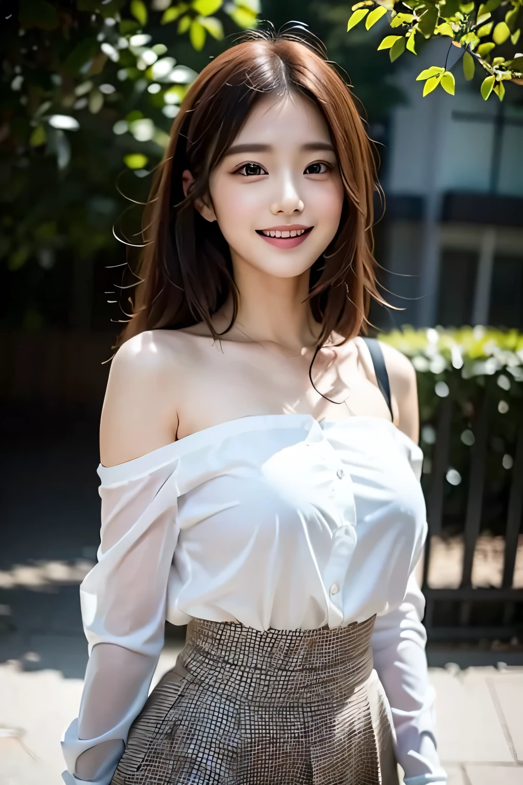 (((Beautiful woman standing in a windy park:1.3))),(Hair soars in strong winds:1.3),(The strong wind makes the shirt fly:1.3),(Skirt floating in strong wind:1.3),Holding down her frilly skirt with her hands:1.3),Off the shoulder,White shirt,Looking at the audience,whole body,From above,look up,Beautiful Hands,(Reddish brown wet shiny short messy hair),Blushing,Pointed red mouth,Big Breasts,Accentuate your breasts,Perfect body curves,Beautiful clavicle,((Expressing happiness through facial expressions:1.3))),Nice face,
Detailed clothing features,Detailed hair features,Detailed facial features,Looking into the camera,,(Dynamic and sexy pose),Cinematic Light,(Highest quality,Written boundary depth,Intricate details,The contrast of light and shadow、The subject appears three-dimensional,) ,Digital single-lens reflex camera, (Realistic),(Picture Mode Ultra HD,)