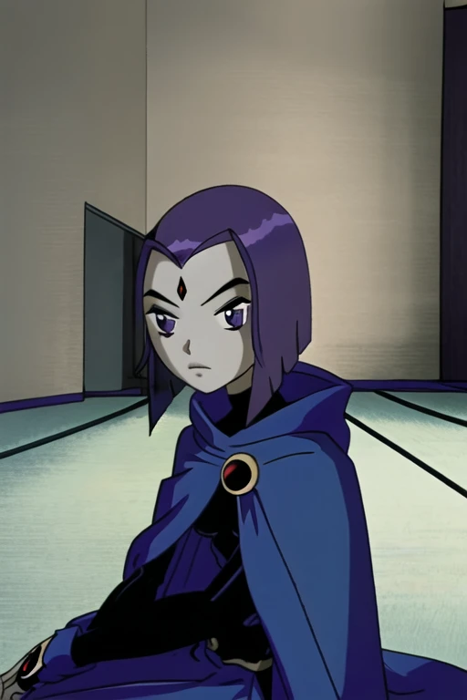 raven, 1girl, solo, purple eyes, purple hair, short hair, colored skin, forehead jewel, blue cape, blue cloak, best quality, masterpiece, bedroom, sitting,