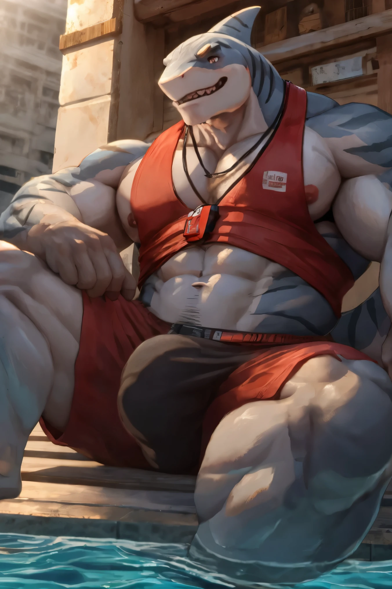 a muscular male shark, light grey skin, dark red eyes, sitting at public pool, Lifeguard clothes, large bulge in crotch, body wounds, furry, bara, (best quality,4k,8k,highres,masterpiece:1.2),ultra-detailed,(realistic,photorealistic,photo-realistic:1.37),highly detailed portrait, detailed texture, dramatic lighting, cinematic, by hyaku