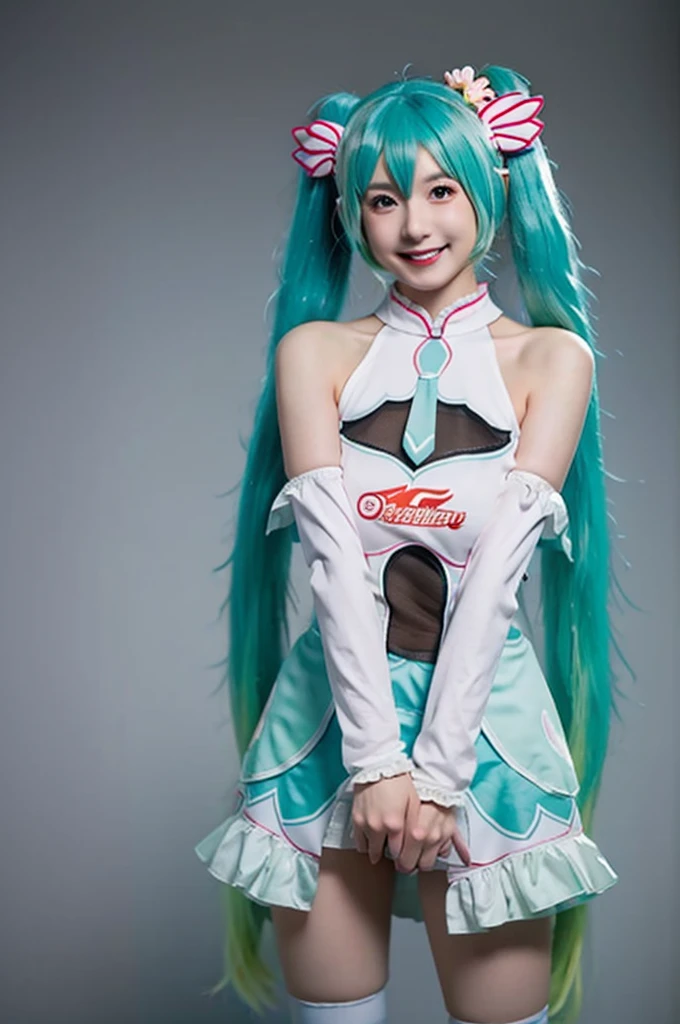 Highest quality, masterpiece, Realistic, photoRealistic, One girl, alone, View your viewers, smile, Are standing, Cowboy Shot, hatsune miku Cosplay costume, Cosplay, racing Miku, hatsune miku, Twin tails, Very long hair, Aqua Hair, hair ornaments, dress, No sleeve, Bare shoulders, Removable sleeves, Knee socks, Gray background, Showing genitals、(((nsfw)))
