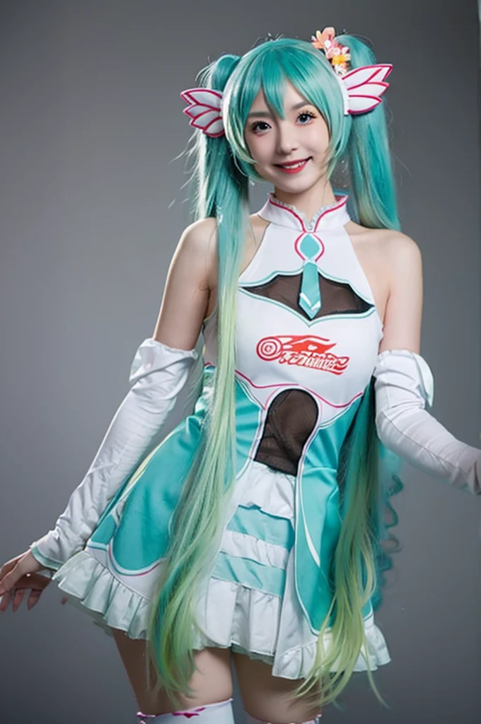 Highest quality, masterpiece, Realistic, photoRealistic, One girl, alone, View your viewers, smile, Are standing, Cowboy Shot, hatsune miku Cosplay costume, Cosplay, racing Miku, hatsune miku, Twin tails, Very long hair, Aqua Hair, hair ornaments, dress, No sleeve, Bare shoulders, Removable sleeves, Knee socks, Gray background, Showing genitals、(((nsfw)))