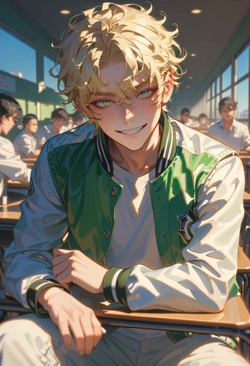 style 9, 1 boy, blonde hair, varsity jacket, cynical smile, sitting in school cafeteria