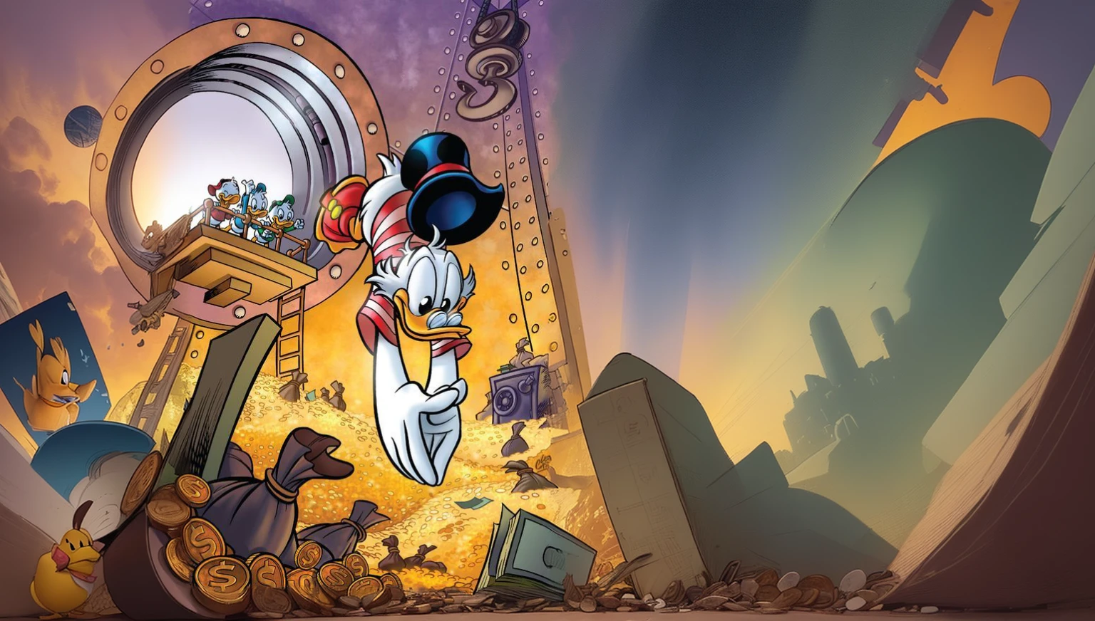 a cartoon character is flying through a pile of coins, inspired by Carl Barks, by Carl Barks, donald duck, donald duck as an astronaut, inspired by Jacob Duck, by Bob Singer, steve purcell, donald duck in real life, jeff smith, by Jacob Duck, official art, daffy duck, by Craig Thompson, loony tunes style, quackery