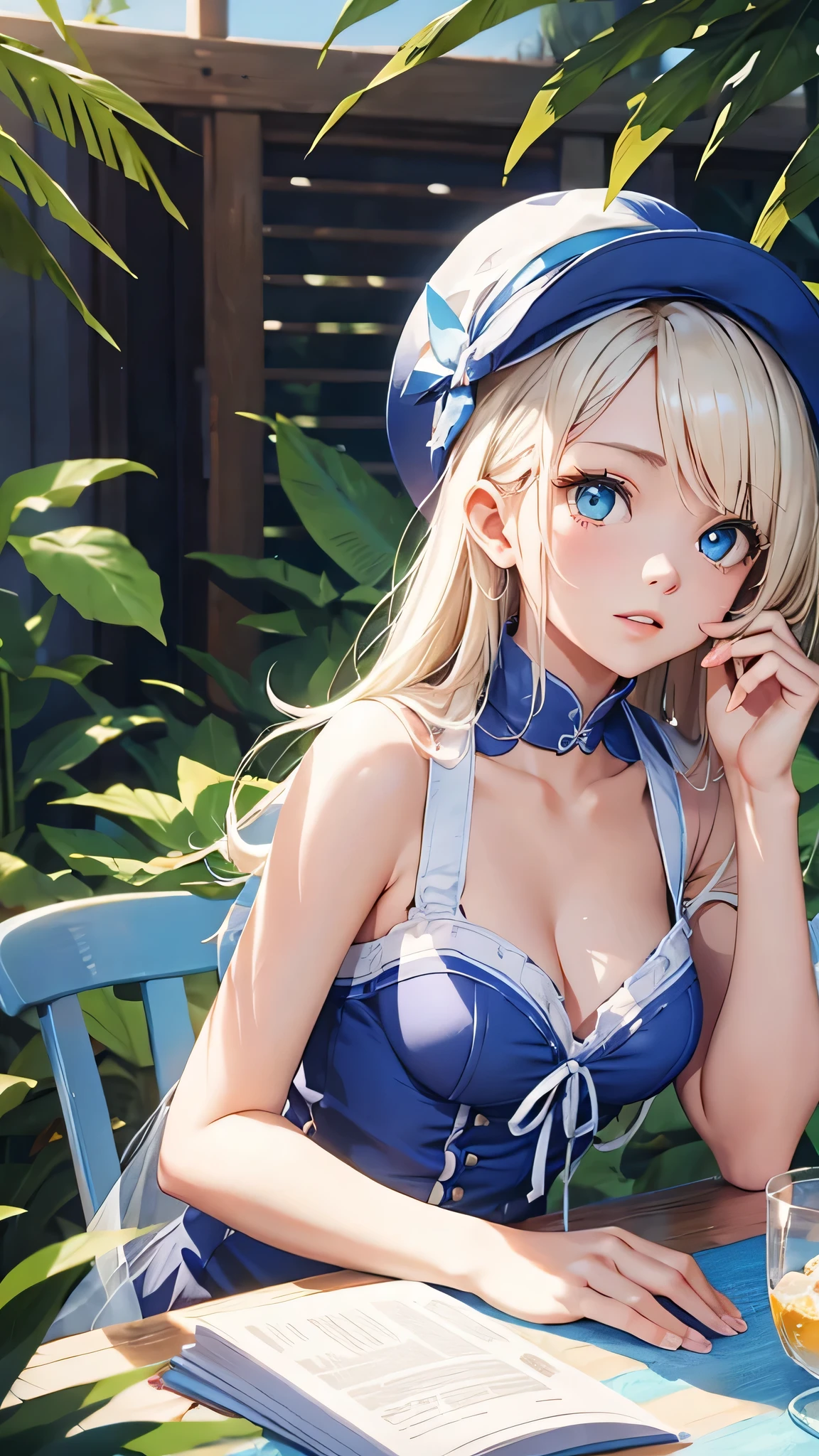 最high quality、Best image quality、masterpiece、With a girl((cute、、Best Bust、Medium Bust、Bust 85,Beautiful Blue Eyes、Spread your chest wide,Blonde lointail、Slender、The best valley、、Blue sleeveless shirt、White shorts,Show the whole body、Blue Mesh,Leaning forward greatly、Blue hat、Blue Intercom,Face Paint))high quality、Beautiful art、background((summertime、White table、White chair、shaved ice、)),Tabletop、Exquisite design、Visual Arts、Depth of written boundary、Best lighting、Highest detail、8k