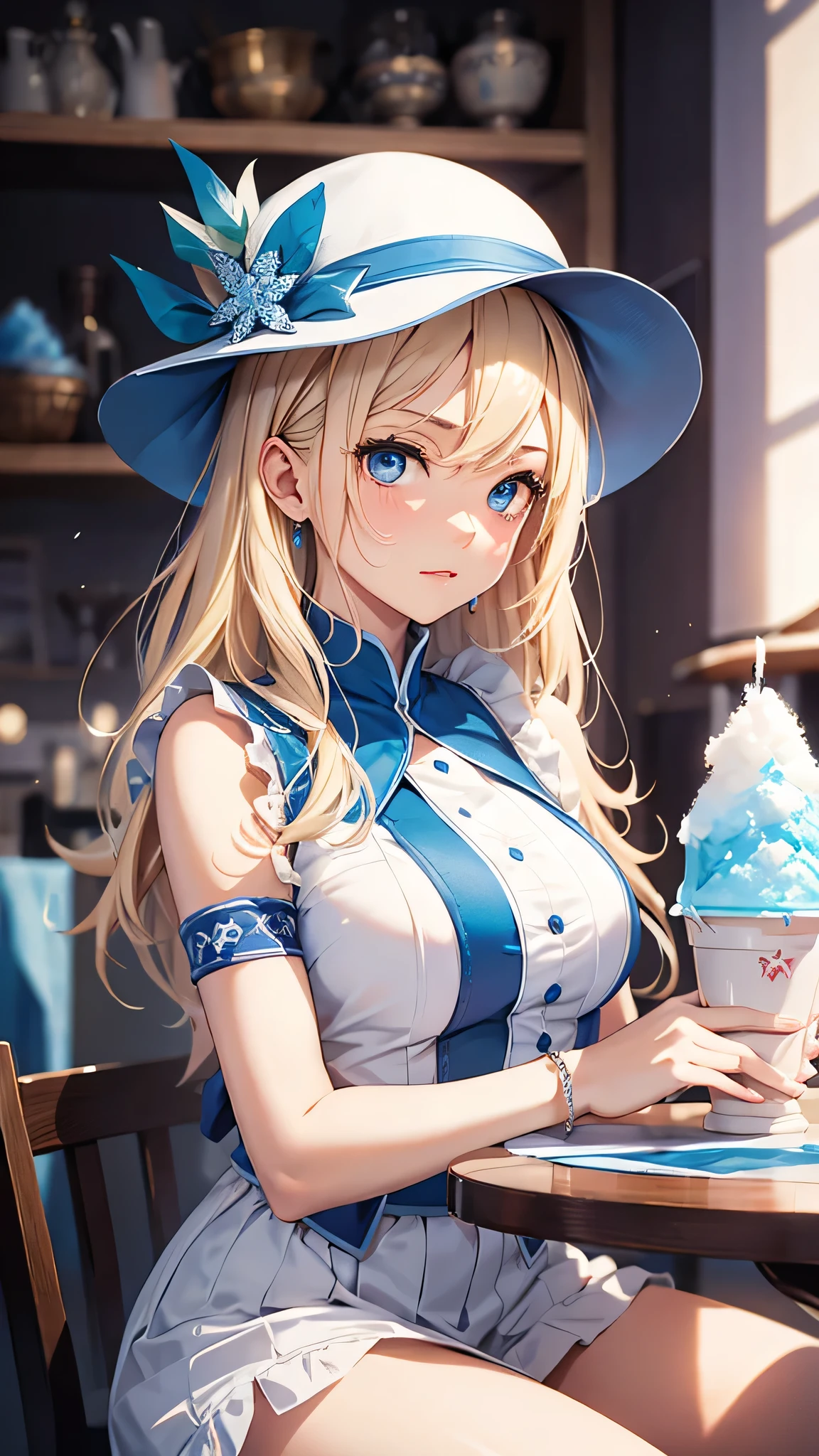 最high quality、Best image quality、masterpiece、With a girl((cute、、Best Bust、Medium Bust、Bust 85,Beautiful Blue Eyes、Spread your chest wide,Blonde lointail、Slender、The best valley、、Blue sleeveless shirt、White shorts,Show the whole body、Blue Mesh,Leaning forward greatly、Blue hat、Blue Intercom,Face Paint))high quality、Beautiful art、background((summertime、White table、White chair、shaved ice、)),Tabletop、Exquisite design、Visual Arts、Depth of written boundary、Best lighting、Highest detail、8k